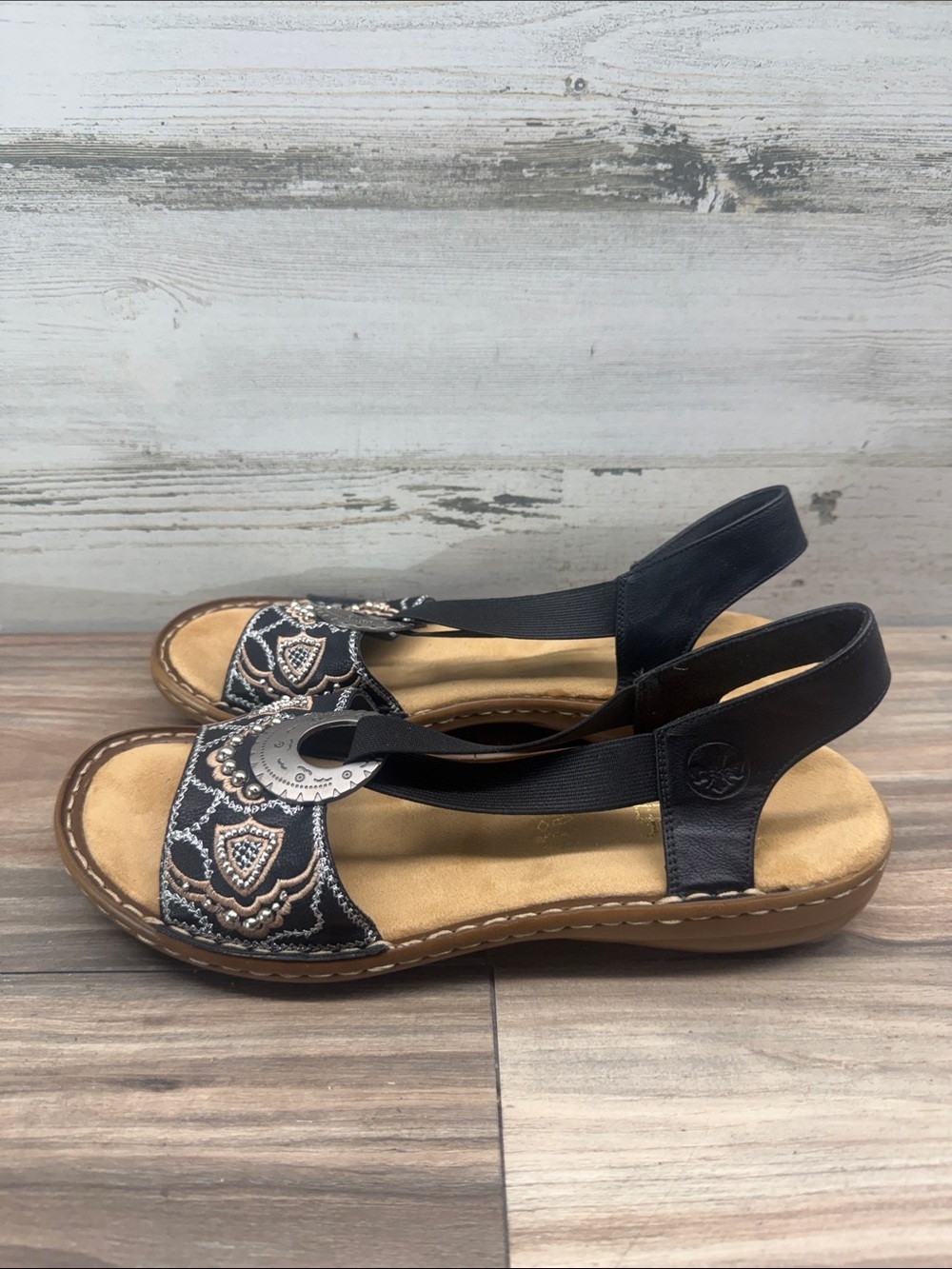 Rieker Regina B9 Sandals Slingback Womens 9 EU 40 Black Boho Beading Elastic